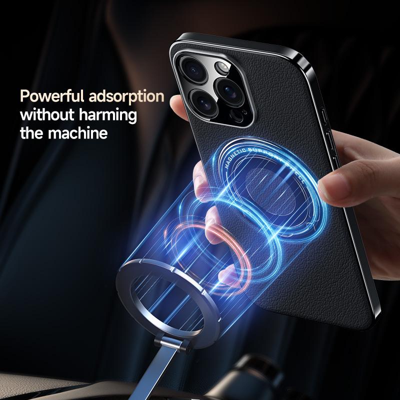 Luxury Magnetic Leatherette Bracket Phone Case For IPhone 16 15 14 13 Pro Max Magsafe Wireless Charging Hidden Stand Back Cover