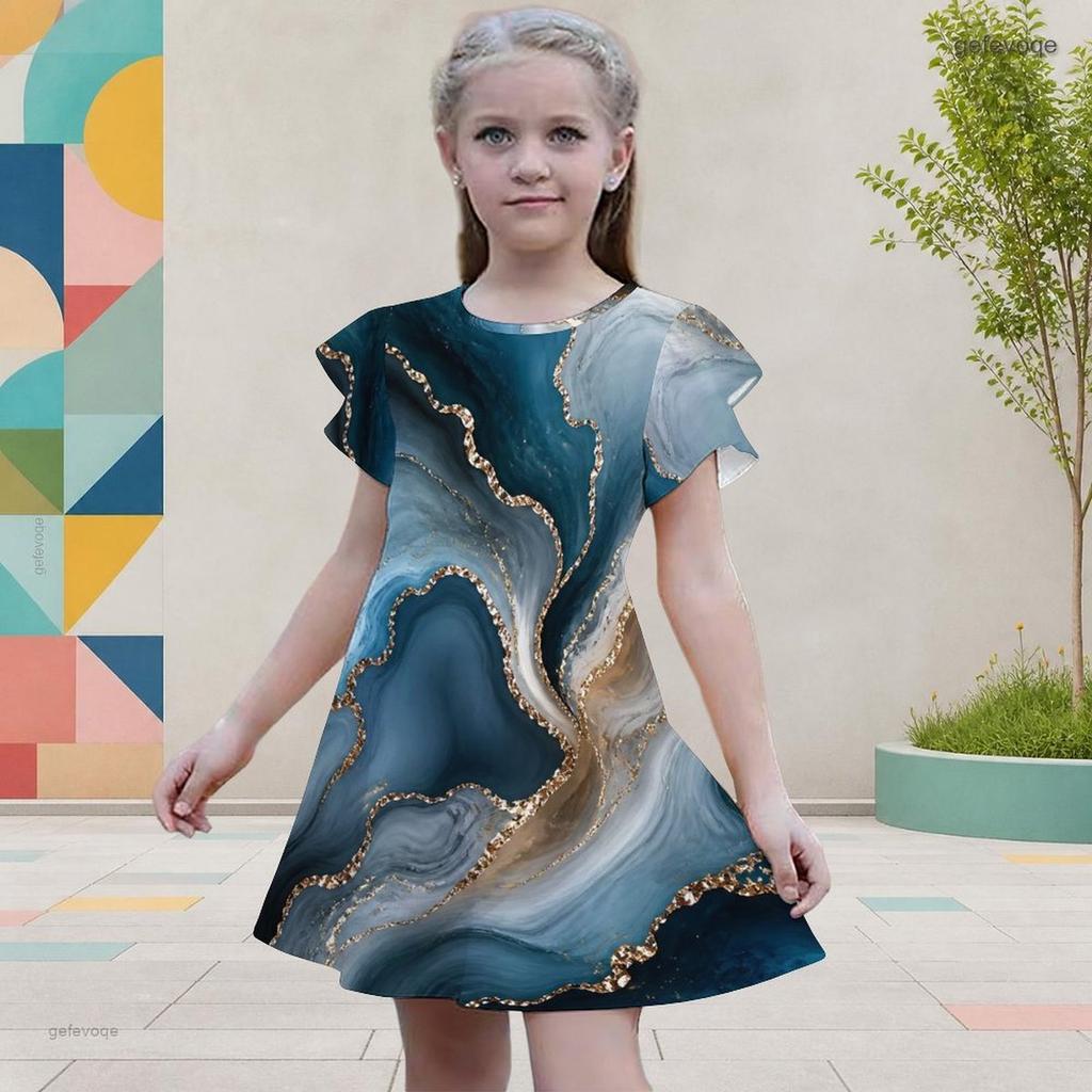 Girls Round Neck Flutter Sleeve Colorful Gradient Printed A Line Flared Dress