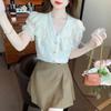 Top de Encaje Francés con Cuello en V y Manga Abullonada para Mujer - Elegante Estilo Veraniego