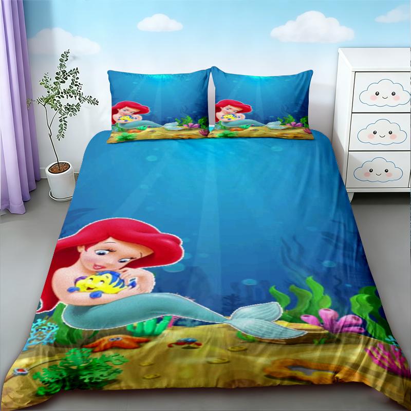 3pcs Duvet Cover Set Mermaid Cartoon Beautiful Bedding Set Quilt Cover Queen King Size for Girl Bedroom Home Decor