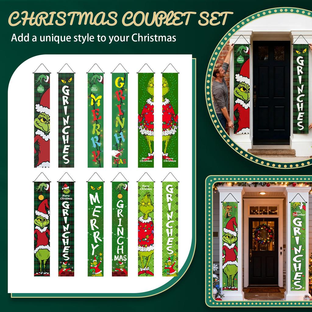 New Arrival! 30*180cm Christmas GreenGhost Couplets - Polyester,Durable& Eye-catching Design for Home & Cafe Decoration.