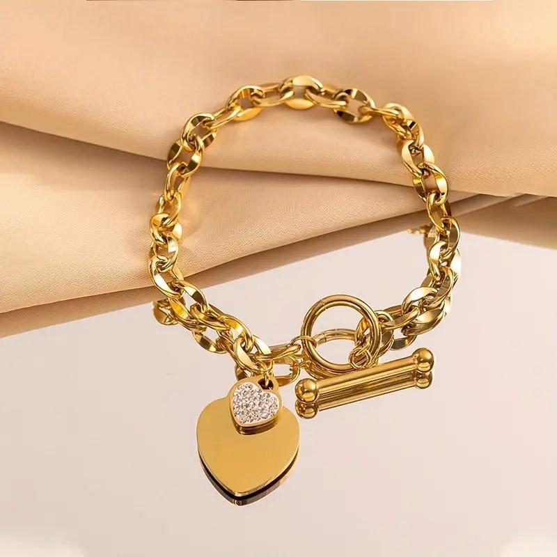 316L Stainless Steel Love Heart Pendant Bracelet for Women Men Simple OT Clasp Cubic Zirconia Chain Bracelets Party Jewelry Gift