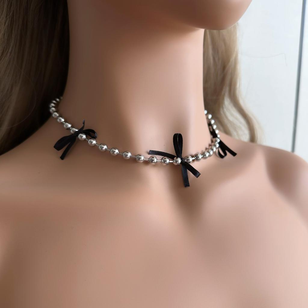 Stylish and Unique Beaded Necklace Delicate Stainless Steel Beaded Neck Chain Bowknot Adorned Neck Jewelry Ornament