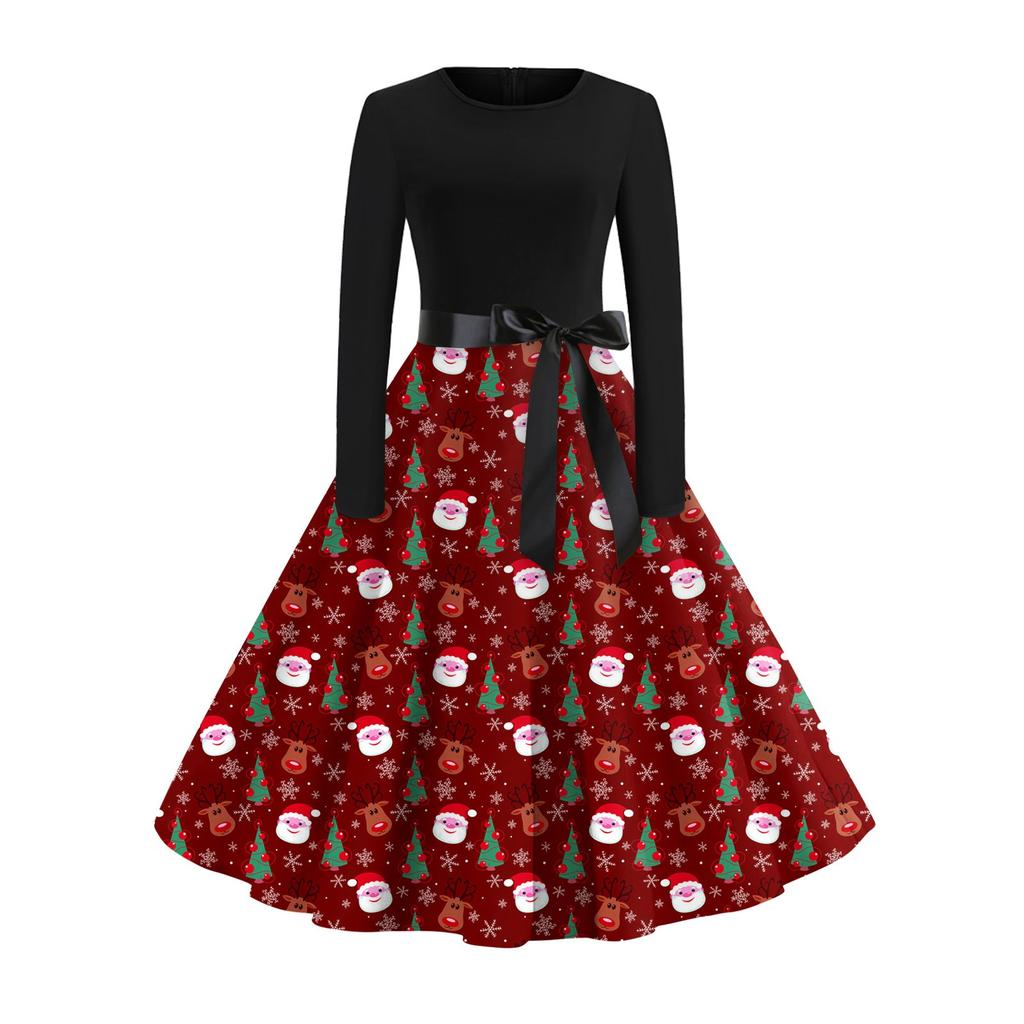 Women's Vintage Dress Long Sleeve Christmas Print Round Neck Swing Dress