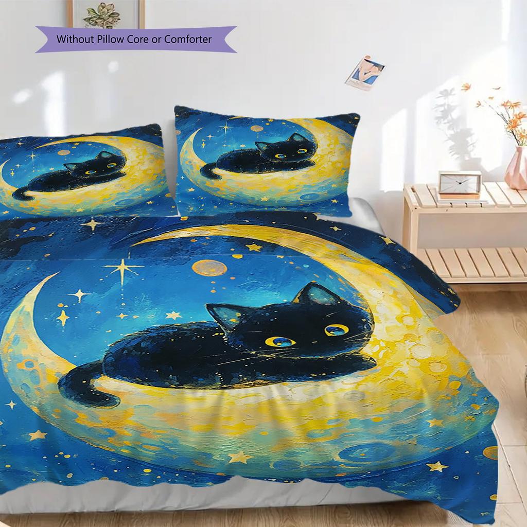 Black Cat Pattern Bedding Quilt Set Quilt Cover Pillowcase Home Decoration Birthday Gift (1 * duvet cover + 2 * pillowcase, without core)