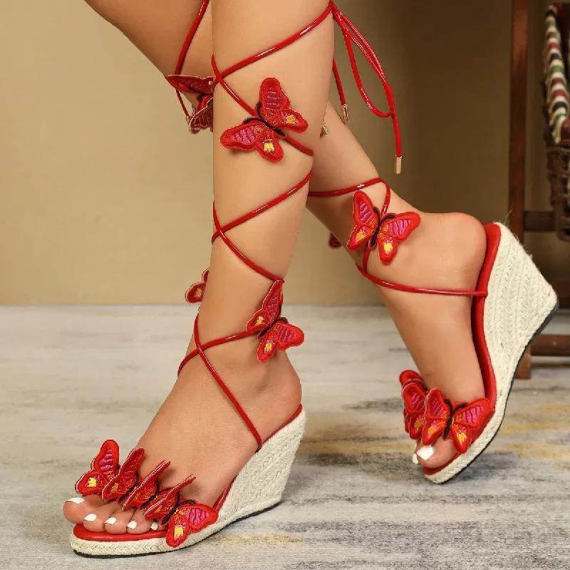 Fashion New Design Platform Women Shoes Brand Chunky High Heels Wedge Women Sandals Fashion Butterfly-knot Ankle Cross-Strap Party Shoes