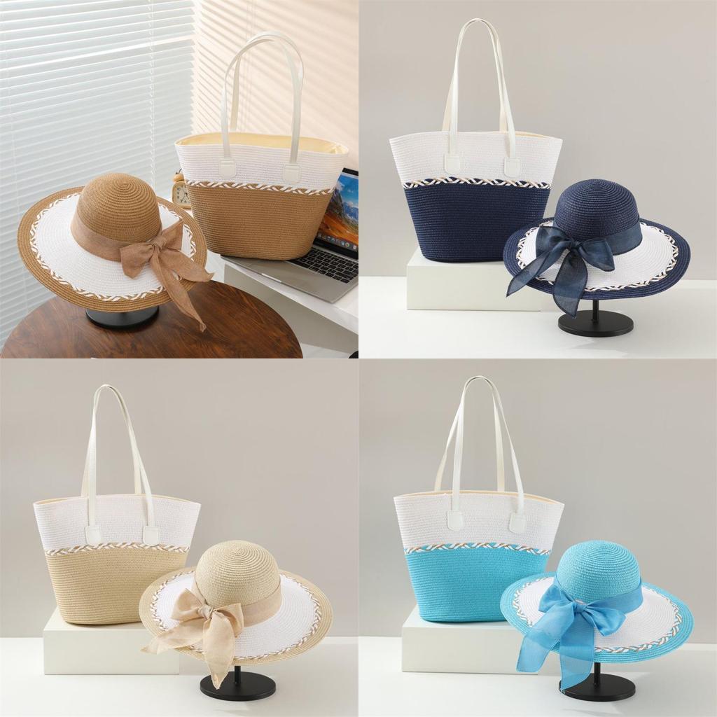 Summer Straw Hat And Bag Set With Large Brim For Beach Travel And Sun Protection