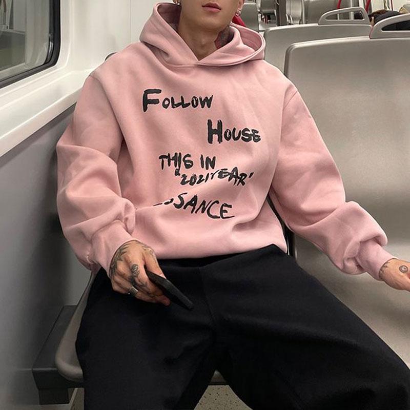 

Fashionable Letter Printed Sweatshirts Men s Clothing Hooded Loose Autumn Basic Young Style Long Sleeve American Retro Hoodies S рожевий