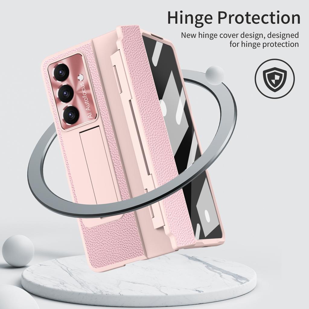 For Samsung Galaxy Z Fold7 5G Case Kickstand Leather+PC Phone Cover with Tempered Glass Film/Stylus