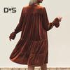 Spring Fall Women Dress Golden Velvet V Neck Pleated Patchwork Long Sleeves A-line Solid Color Knee Length Dating Shopping Midi Dress