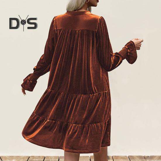 Spring Fall Women Dress Golden Velvet V Neck Pleated Patchwork Long Sleeves A-line Solid Color Knee Length Dating Shopping Midi Dress