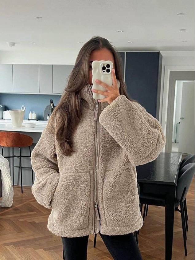 2024 Women's European & American Solid Color Lamb Wool High Collar Coat for Autumn/Winter