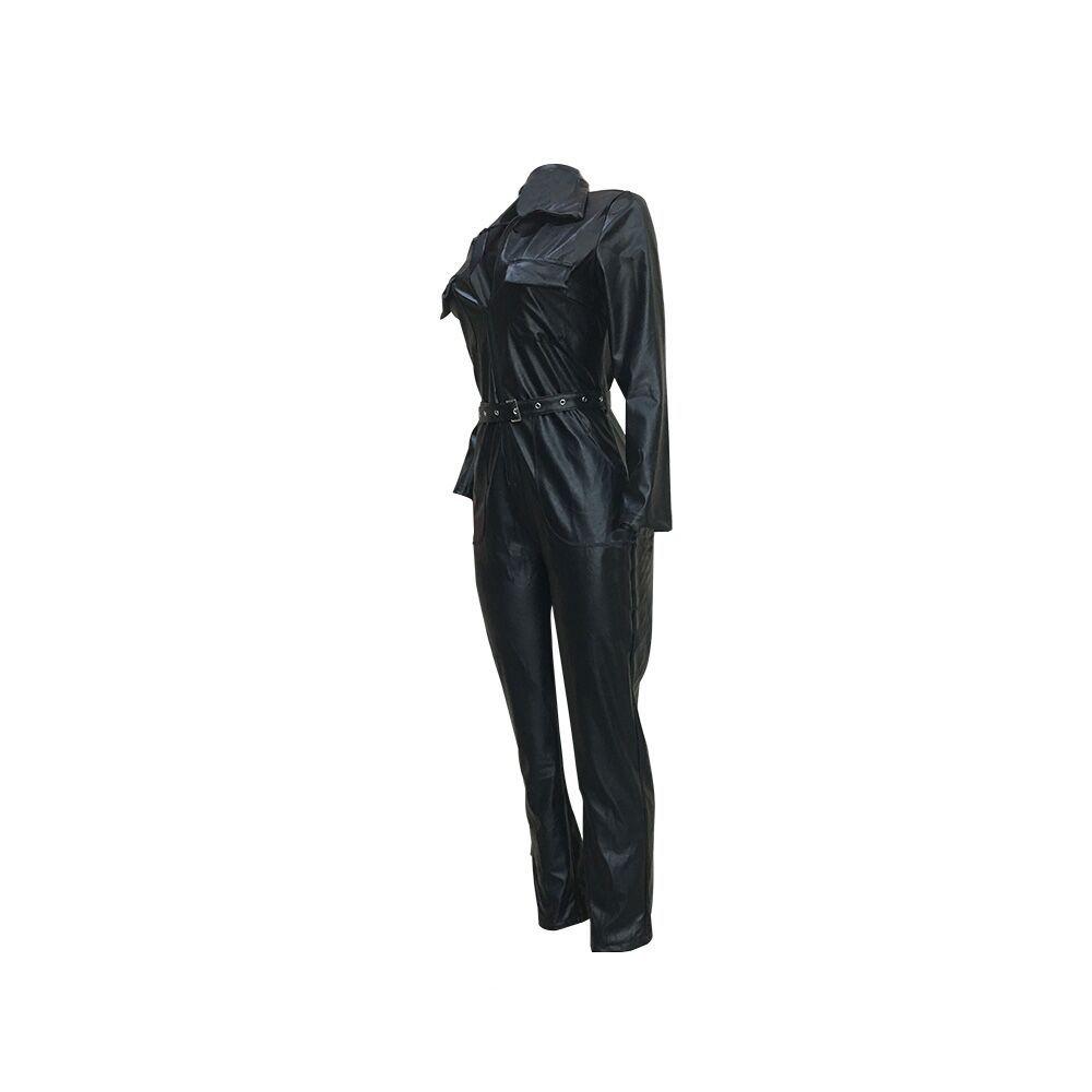 Mono de Mujer Y5072 de Cuero PU con Solapa y Bolsillos - Nuevo Estilo Europeo y Americano de Moda