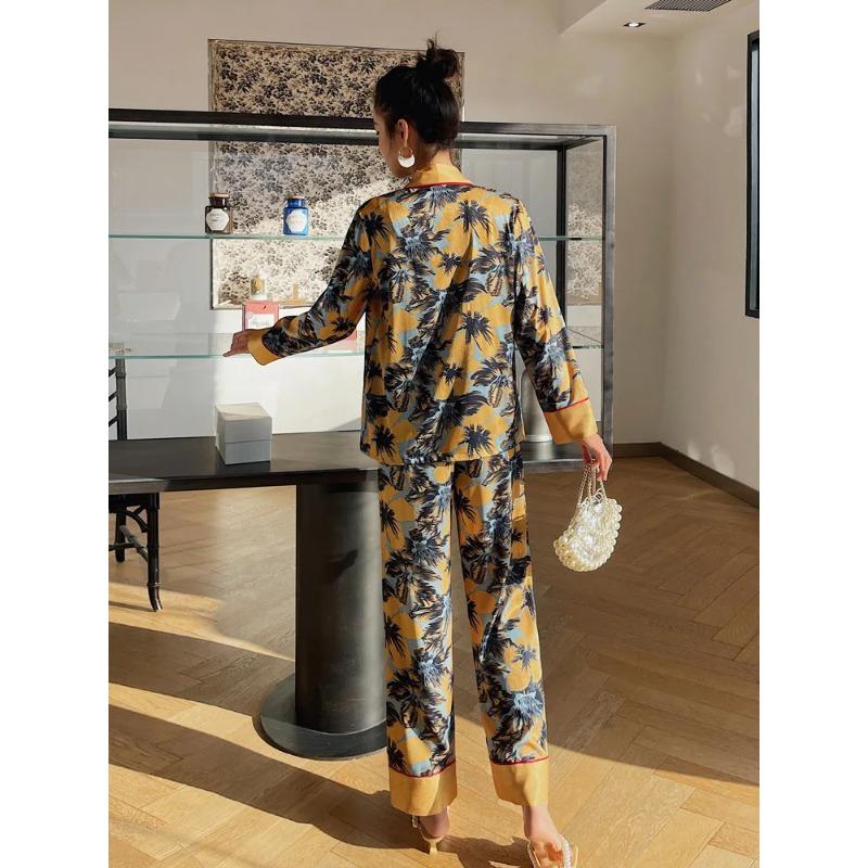 Ice Silk Lounge Wear Women's Pajamas Set Printed Lounge Clothes Long Sleeve Pants Set Loose Pajamas 2 Piece Pajamas Set