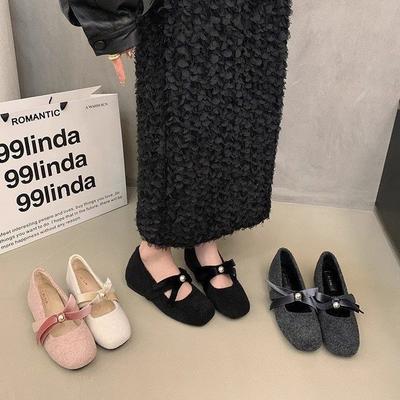 Mary Jane Shoes Women'S Small Fragrant Single Shoes Gentle Elegance Velvet Temperament French Fairy Year Bow Winter