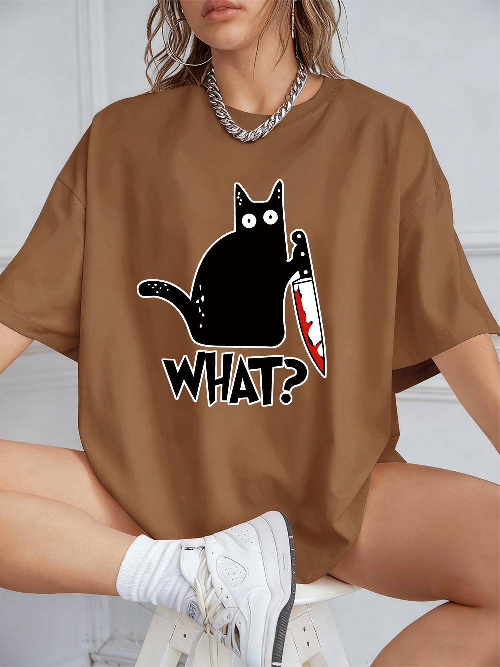 

Black Cat Holding A Knife Prints Short Sleeve T-Shirts Womens Summer Cotton Tee Shirts Loose O-Neck Soft Tops Street Clothes S