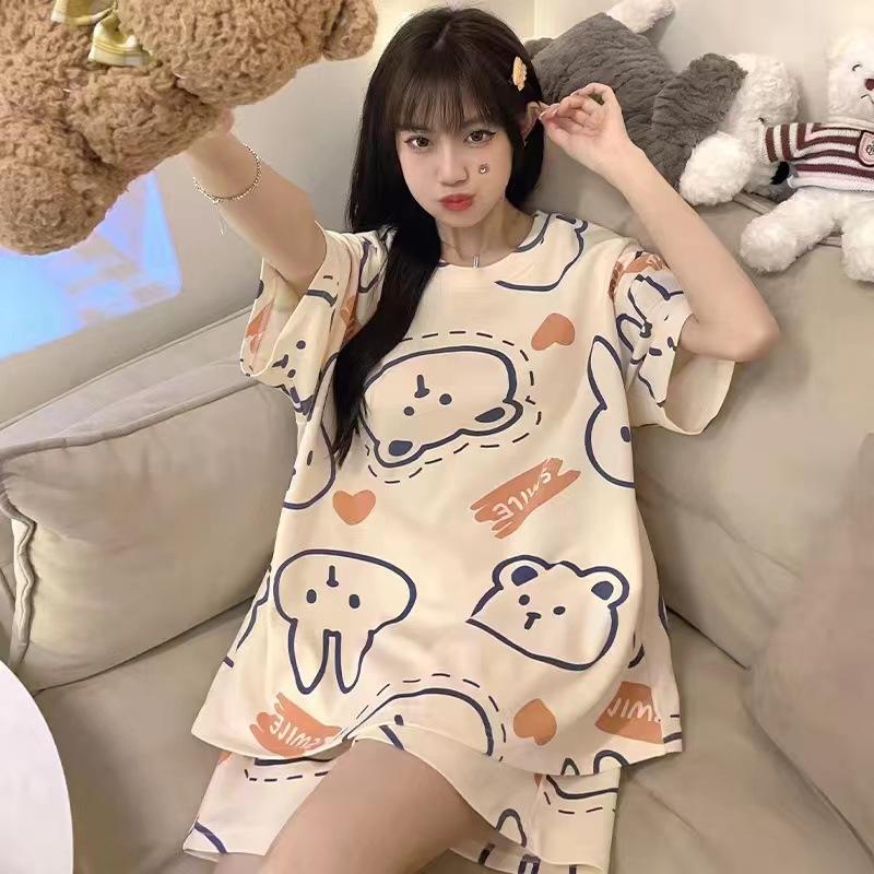 Summer Women's Pajamas Cute Cartoon Short Sleeved Set Loose Spring and Autumn Style Outerwear Home Wear