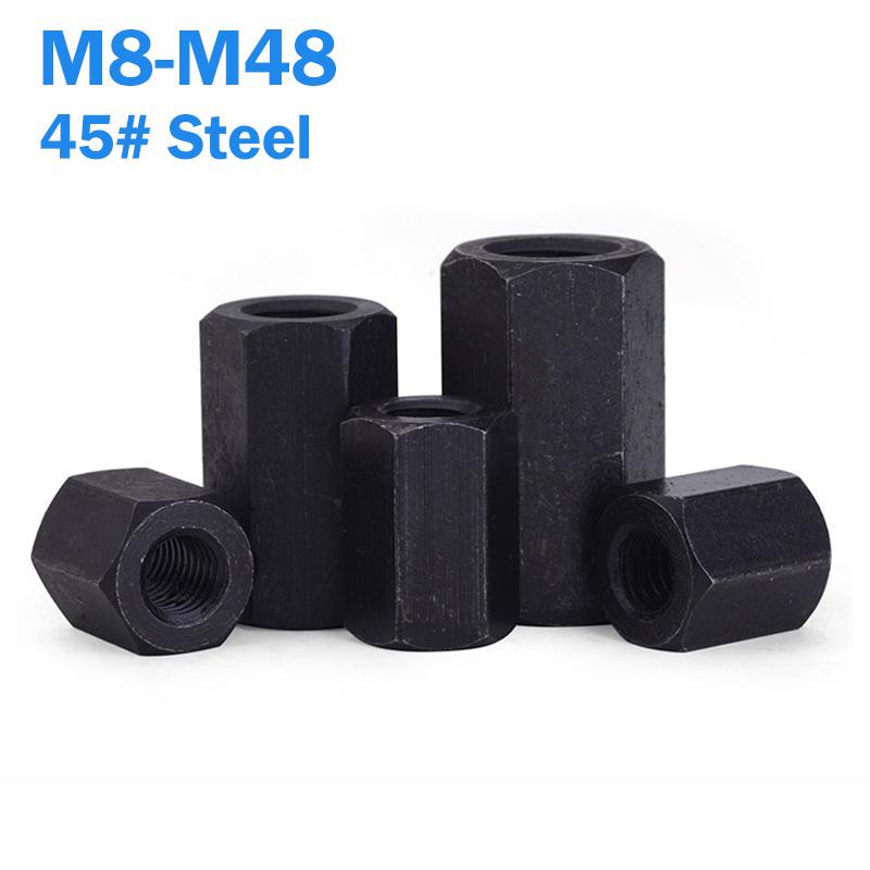 M8 M10 M12 M14 M16 M18~M48 Zwart 45# Staal Zeskant Zeskant Verlengd Lange Verlengde Staaf Buisvormige Koppeling Moer Connector Verbindingshuls