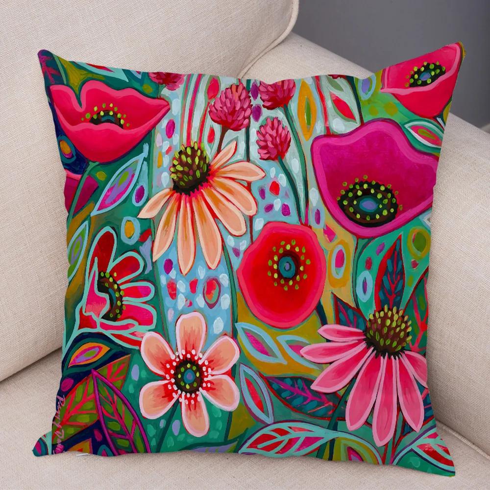 Nordic Watercolor Flower Pillowcase Soft Plush Decor Cartoon Floral Plant Cushion Cover for Sofa Home Children Room Pillow Case