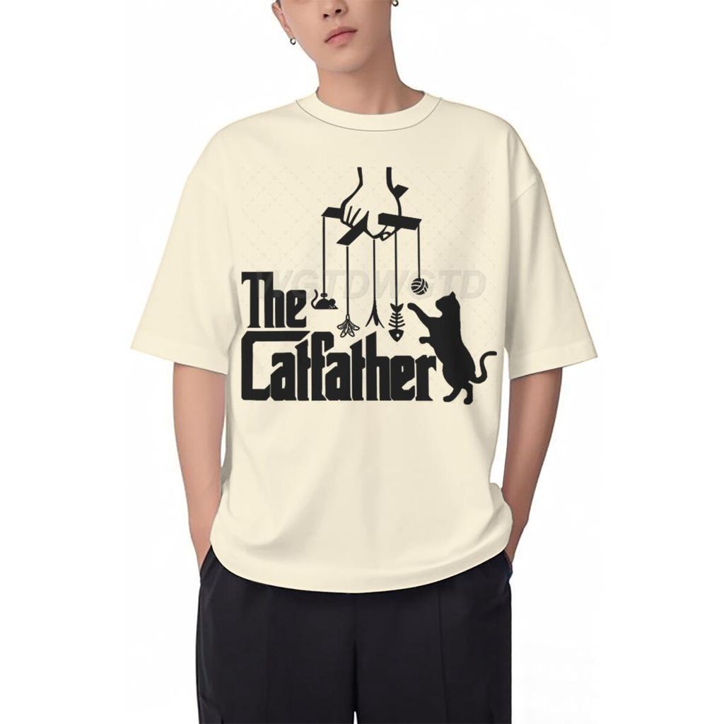 Vintage The Catfather Print T Shirt Men Fun Animal Cat Streetwear Short Sleeve Crewneck 100 Cotton Tshirts Fashion Kitten Tees