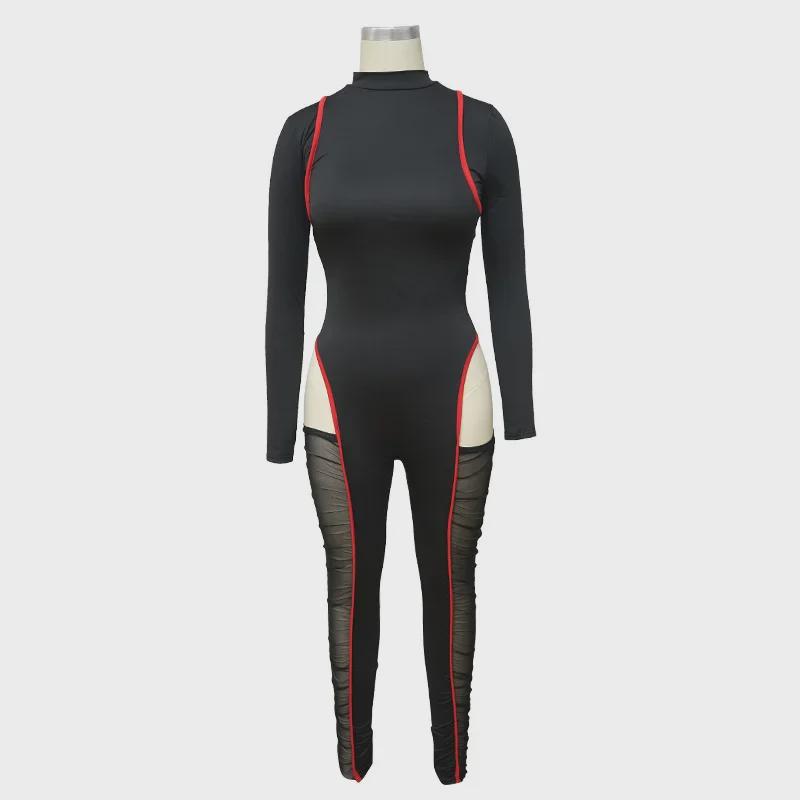 K9790 Sexy Contrast Color Mesh Splicing Jumpsuit for European and American Fashion