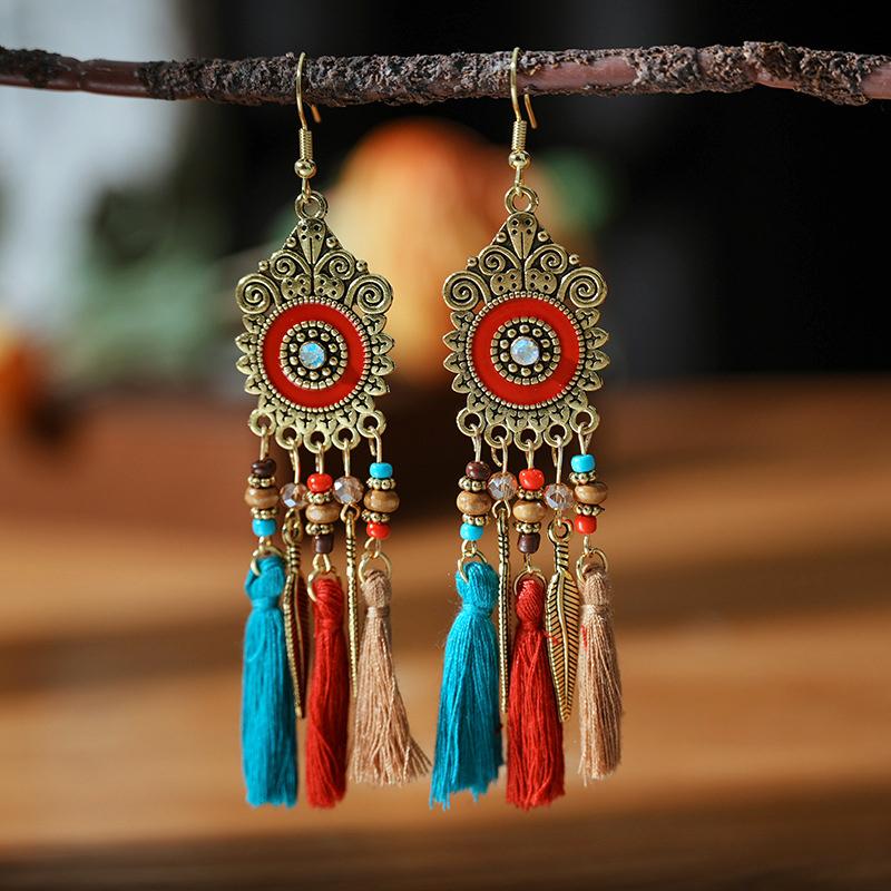 Bohemian Ethnic Style Tassel Earrings for Women Retro Waterdrop Round Fan Shaped Handmade Beaded Dangle Earring Lady Jewelry