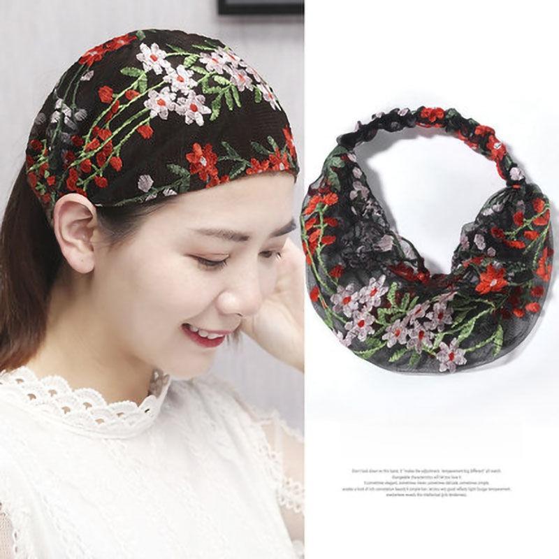 Lace Mesh Breathable Flower Headband Wide Floral Hairband Elastic Turbans Bandana Hair Accessories for Women