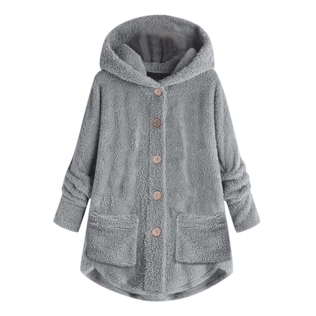 Women Plus Size Button Plush Tops Hooded Loose Cardigan Wool Coat Winter Jacket