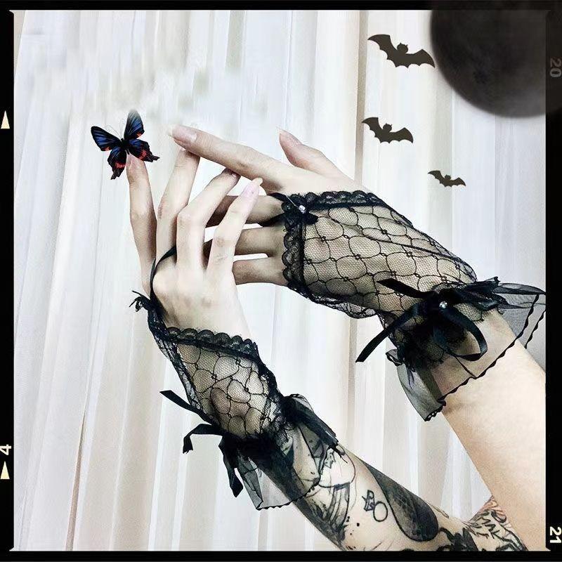Lace black  gloves gothic lolita fingerless black gloves women elegant Tulle lace sheer White Black Red Bride Party GlovesXGST02