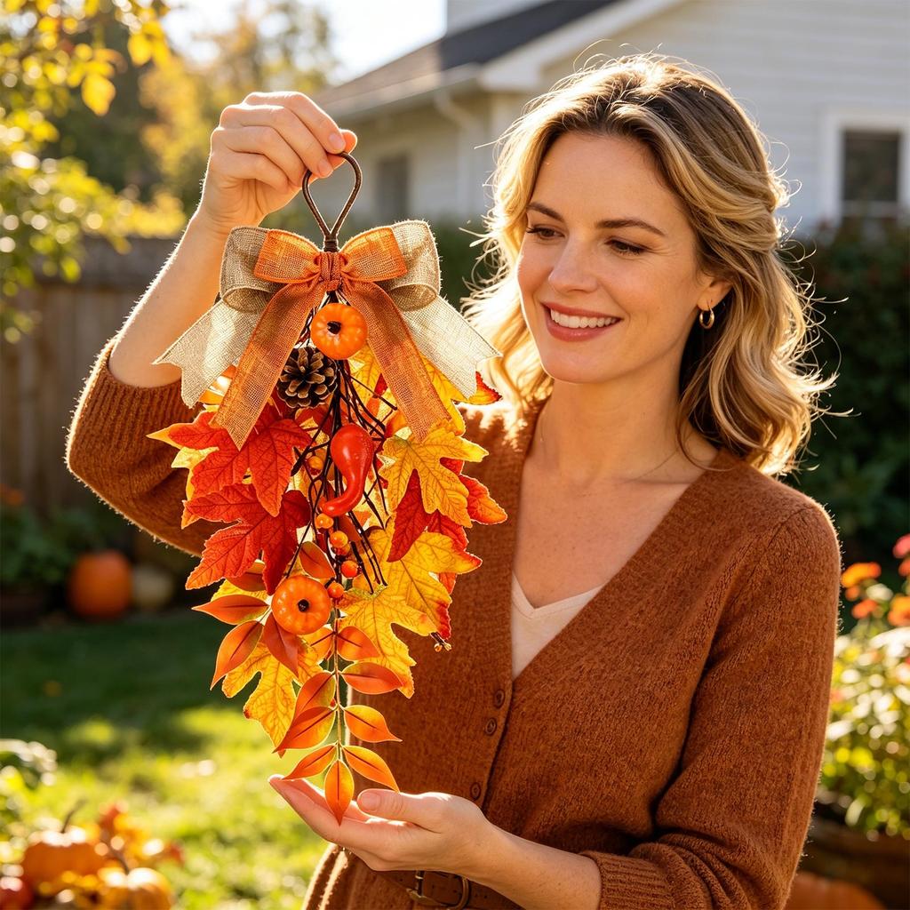 Artificial Maple Leaf Swag with Pumpkins Pinecones Berries and Bow for Autumn Harvest Thanksgiving Home Wall Door Hanging Decoration