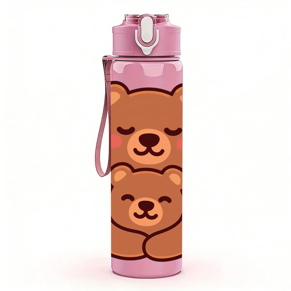 1PC Two Brown Bear Warm Hug Cartoon Print 750ml Color Plastic Sports Water Bottle Leakproof Flip Straw Lid Suitable for Sports Office Home Use