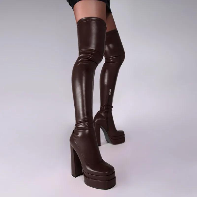 Fashion New Autumn Winter Waterproof Table Elastic Over The Knee Boots European American Elegant Black Slim Fit Women's Boots Size 46