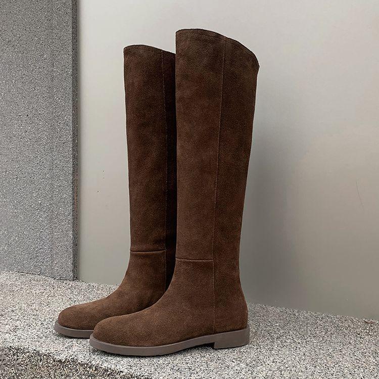 Chaos Shows Temperament~ Loose Straight Thick Leg Boots Leather Knight Boots Plain Oblique Mouth High Tube Flat Bottom Stacking Boots