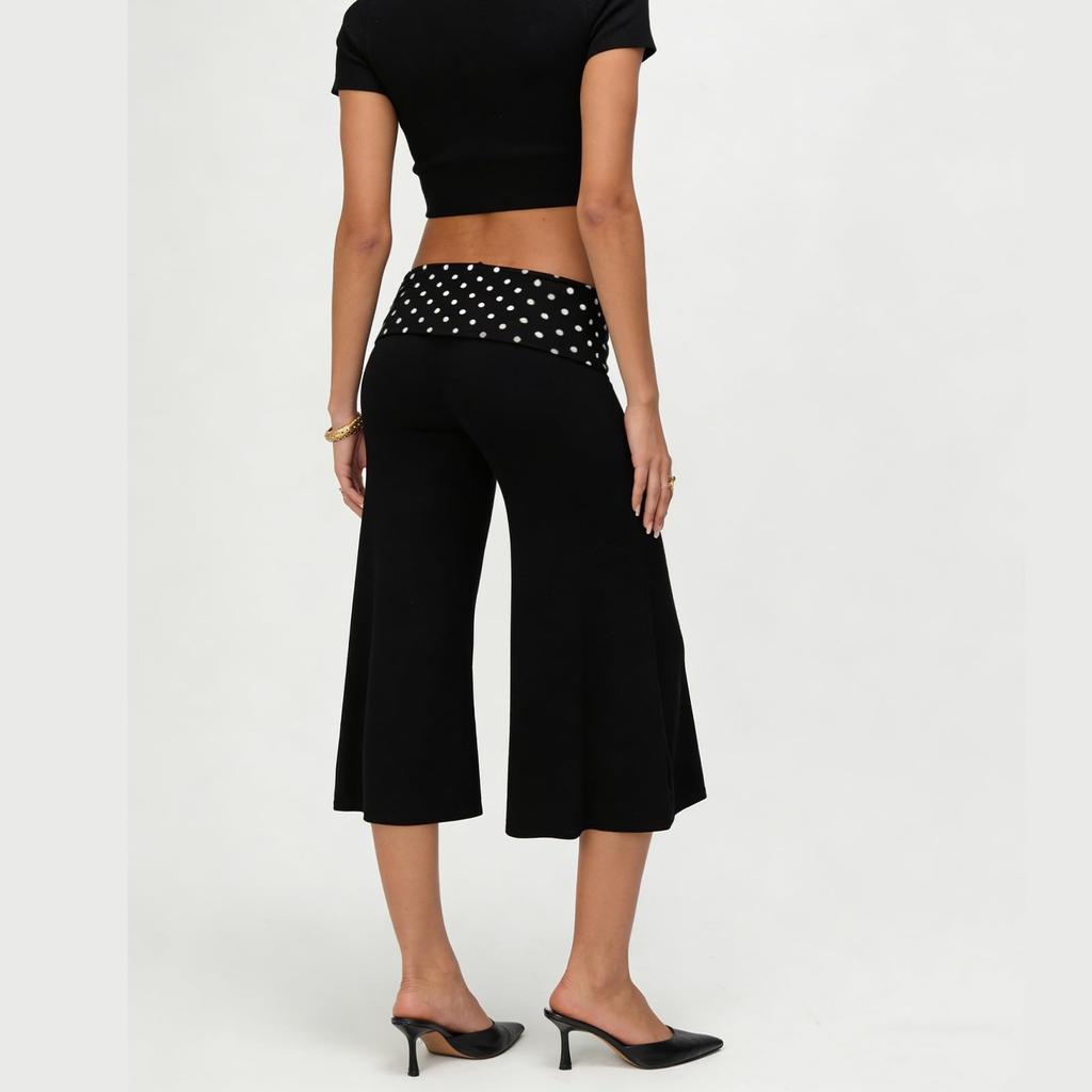 Women's Wide Leg Cropped Pants with Fold Over Polka Dot Waistband Soft Stretchy Knit Fabric Casual Loose Fit Trousers
