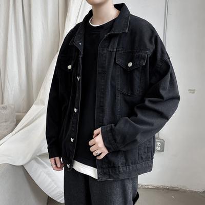 Casual Denim Coat Lapel Long Sleeve Flap Pockets Solid Color Loose Fit Jacket Single Breasted Men Outwear