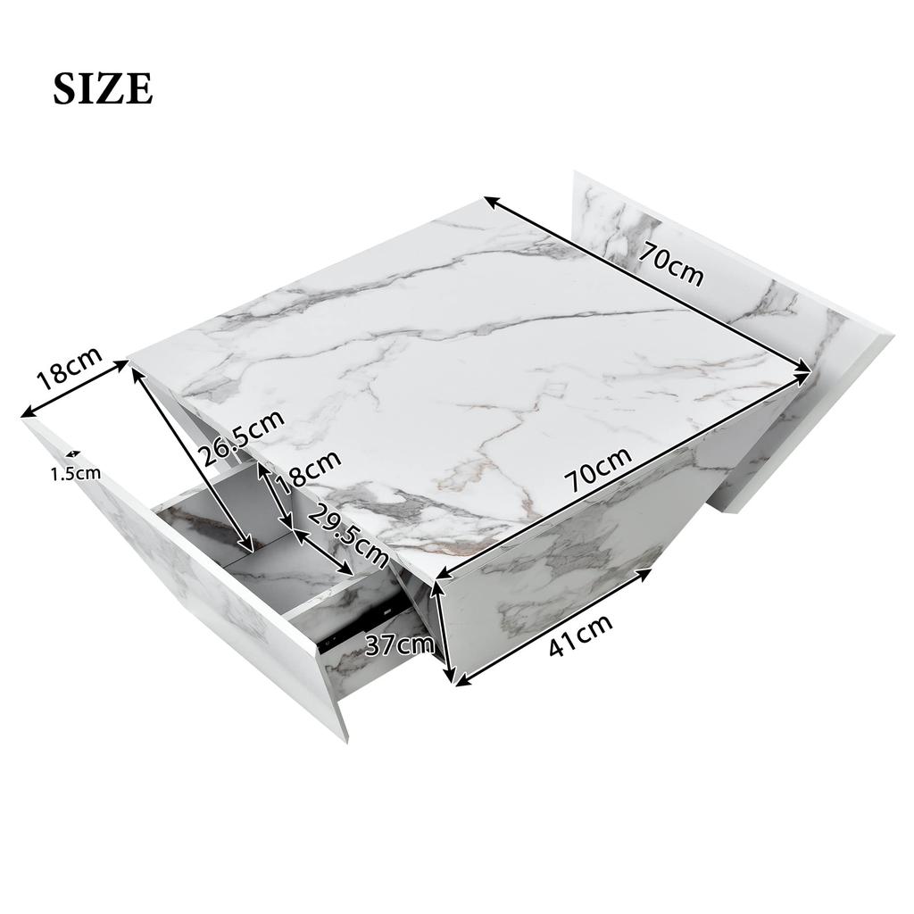 Tavolino da caffè Basso, Tavolino da caffè moderno Cassetti, Spazio di archiviazione, Tavolino laterale, Tavolino da divano, Tavolino da salotto, impiallacciatura marmo bianco, 70x70x37cm