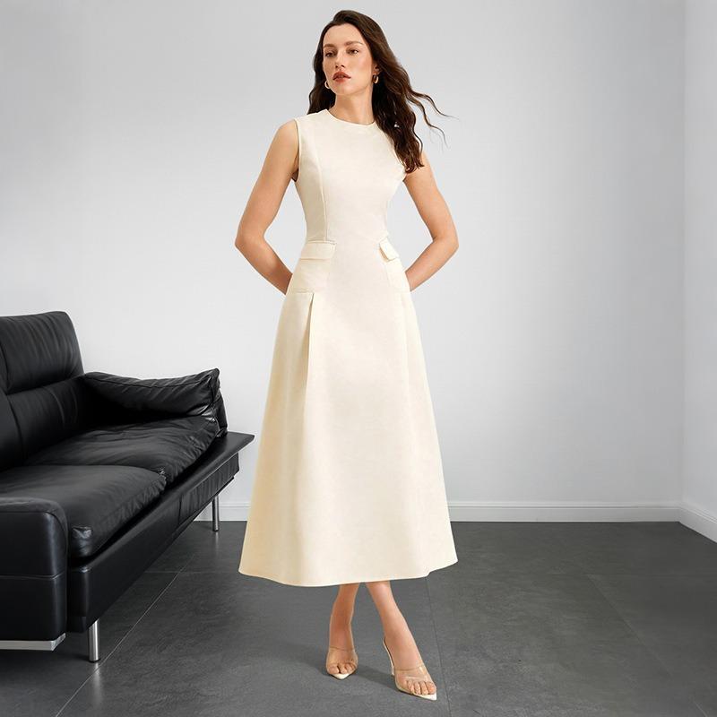 YYFS Damenmode, Sommer, Frühling, einfarbig, ärmellos, O-Ausschnitt, hohe Taille, Freizeitkleider