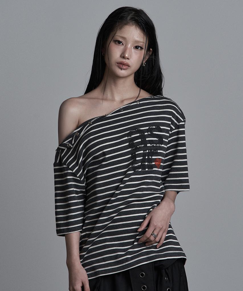 Aejeuyua Striped Off-Shoulder T-Shirt Charcoal