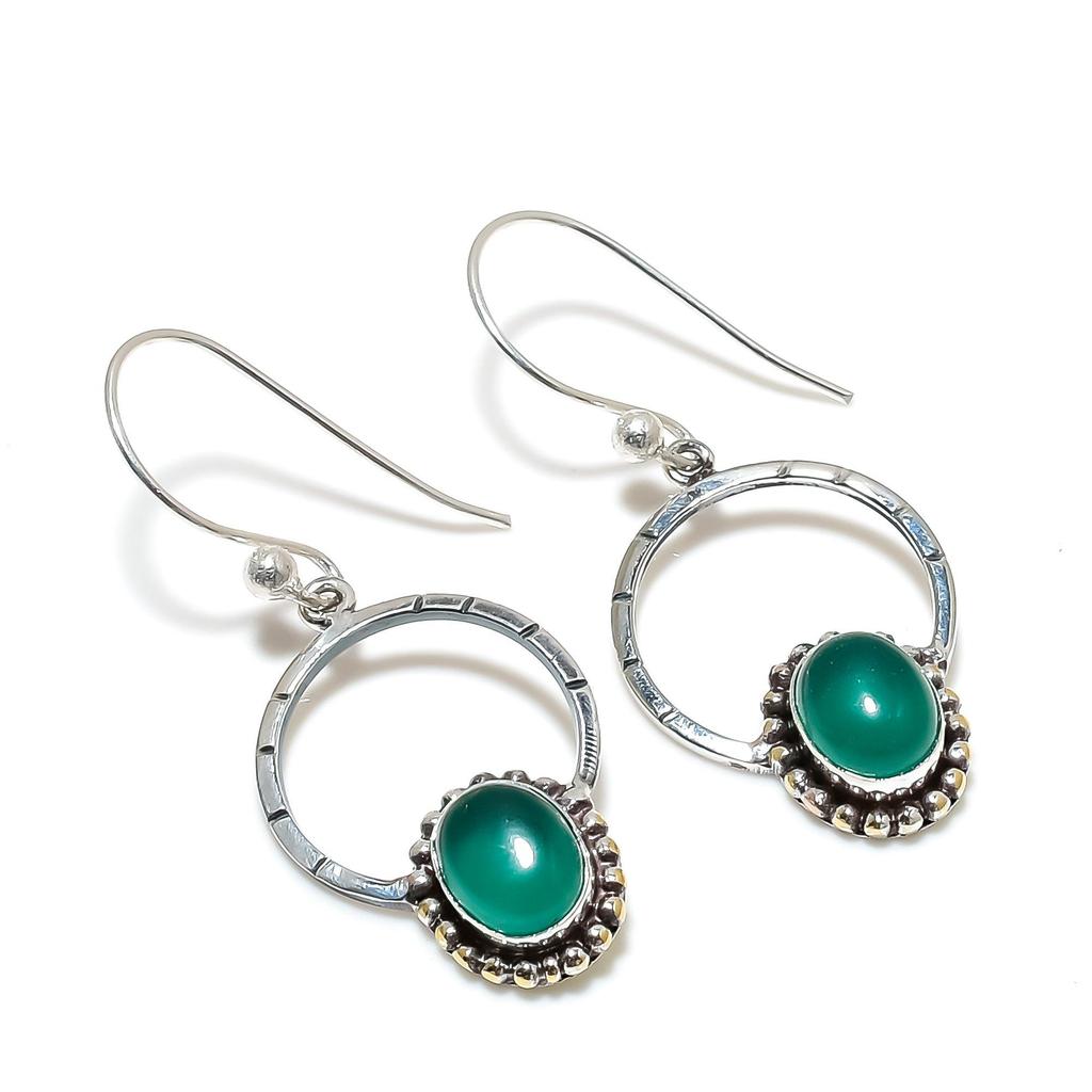 Natürliche grüne Onyx Edelstein Ohrringe, 925 Sterlingsilber Ohrringe, Handgefertigter Boho Silberschmuck Hängeohrringe, Jubiläumsgeschenke