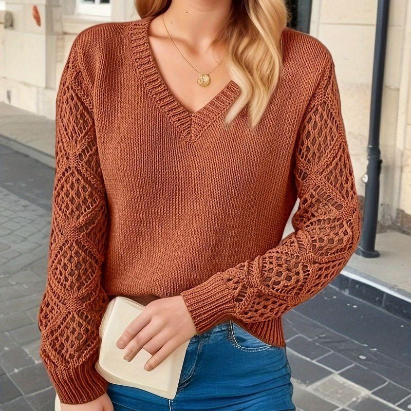 Base Sweater Autumn Hollow Out Women Clothes Pullover Long Sleeve Crochet Jacquard Loose V-neck Base Knit Sweater