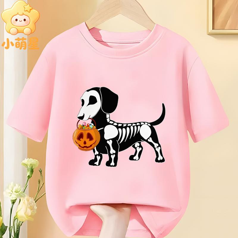 Halloween Skelett Dackel Kürbisdruck Kinder T-Shirt Reine Baumwolle Jungen Mädchen Kurzarm Rundhals Lässig Grafik Kinder Oberteile