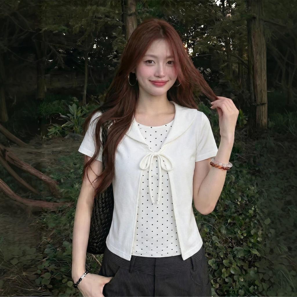 Pure cotton, sweet polka dot doll collar short-sleeved T-shirt for women's summer slim and thin lace-up fake two-piece top