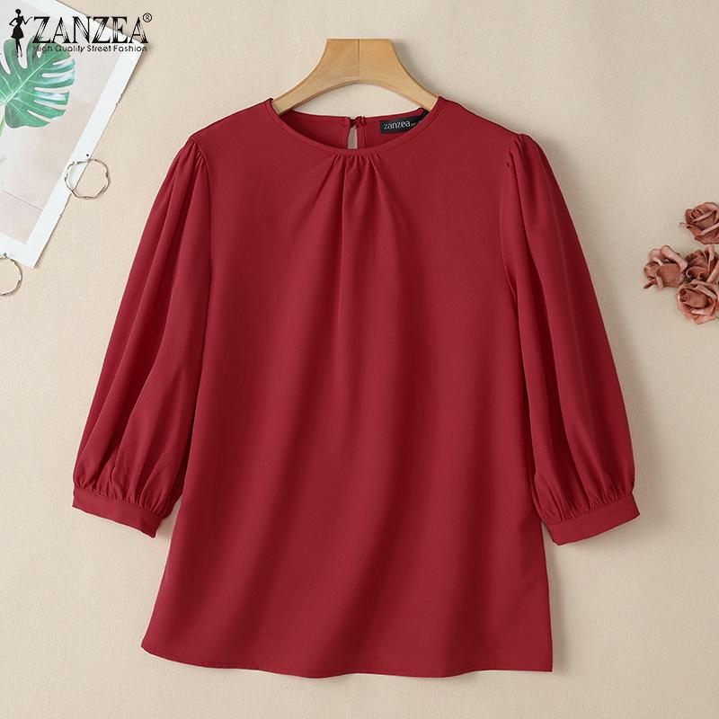 ZANZEA Women Casual O-neck Solid Color Loose 3/4 Sleeve Blouse