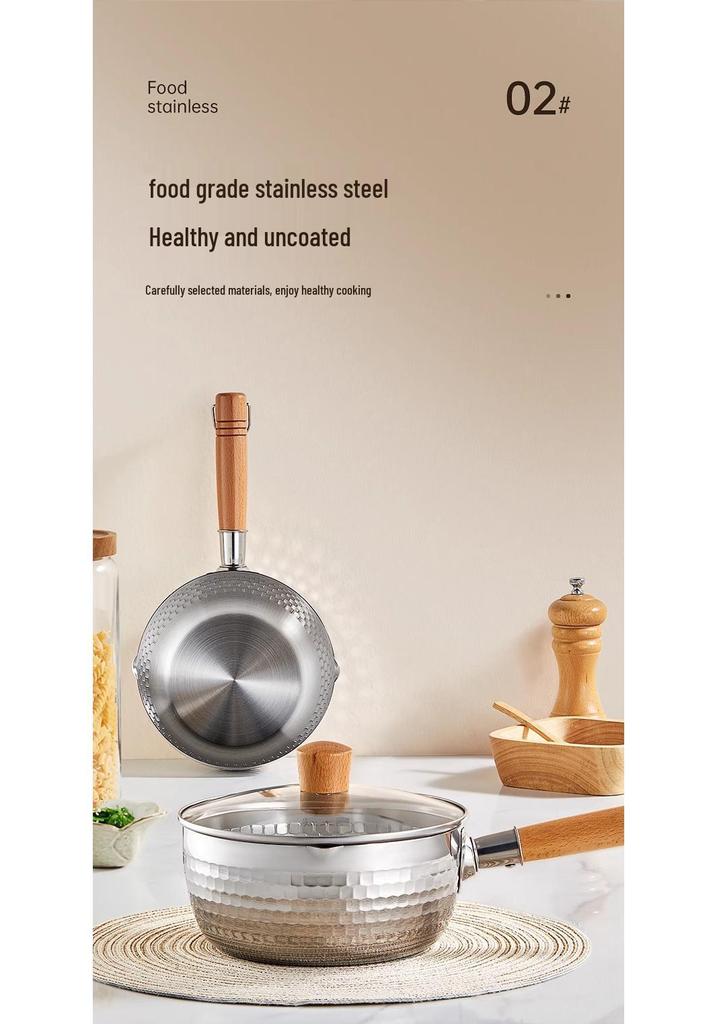 Japanese Yukihira Pot with Steamer - Small Stainless Steel Non-Stick Milk, Noodle, and Baby Food Pot with Wooden Handle for Home Use