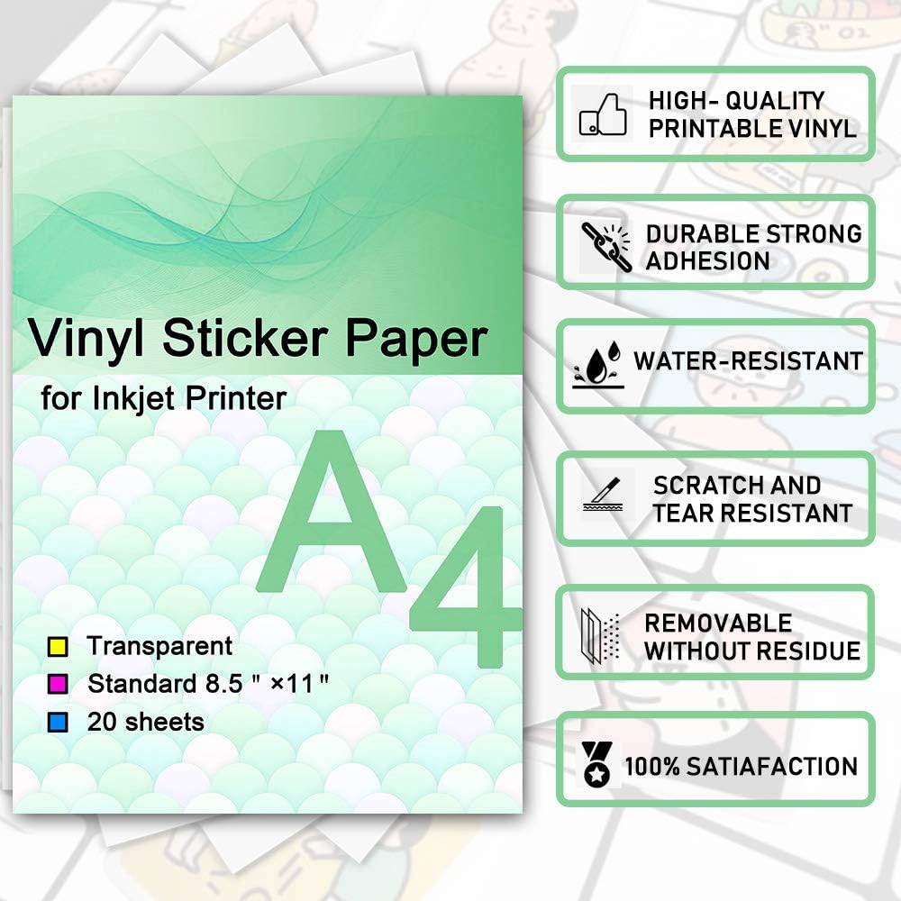Printable Vinyl Sticker Paper for Inkjet Printer - Transparent Clear - 20 Self Adhesive Sheets - Waterproof Decal Paper - Standard Letter Size