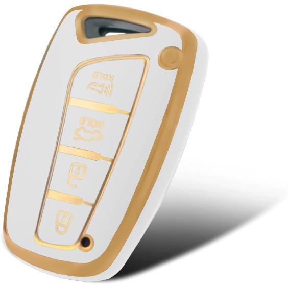 for Hyundai 4 Button Key Fob Cover, TPU Smart Key Fob Case Compatible with Hyundai Santa Fe Genesis G80 Equus Azera(Red) Gold-White