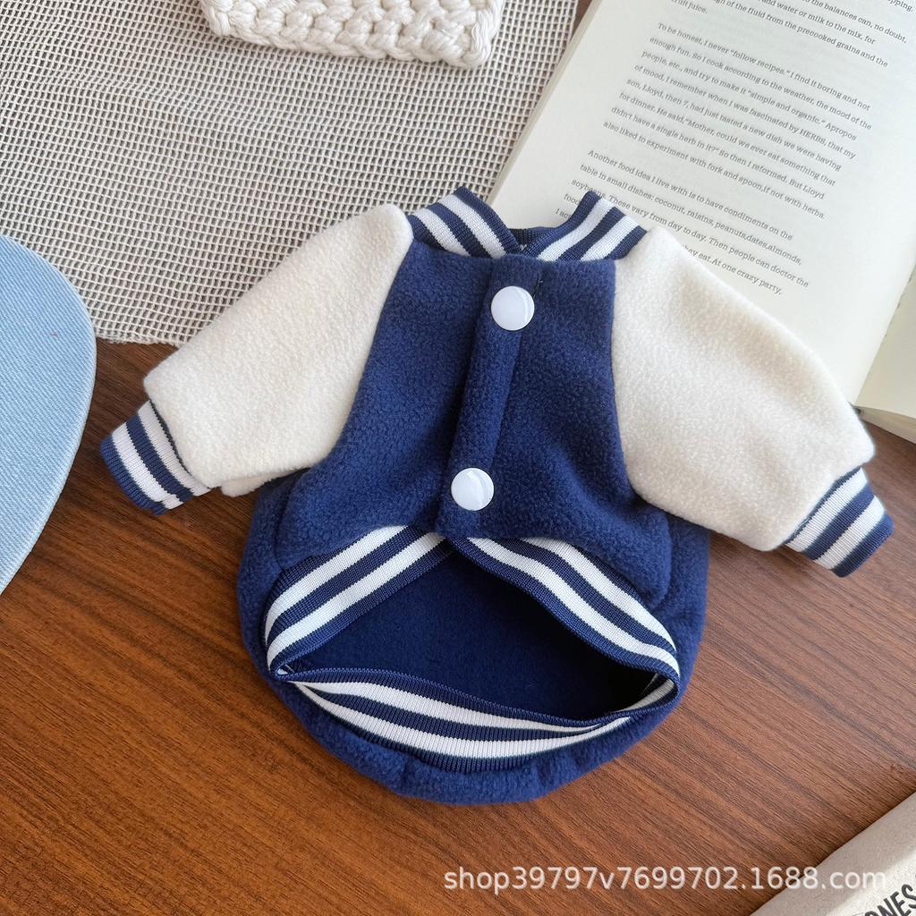 Pet Autumn and Winter Striped Collar Baseball Jacket Cat Plush Thick Warm Jacket Dog Clothes for Small Dogs Puppy Clothes