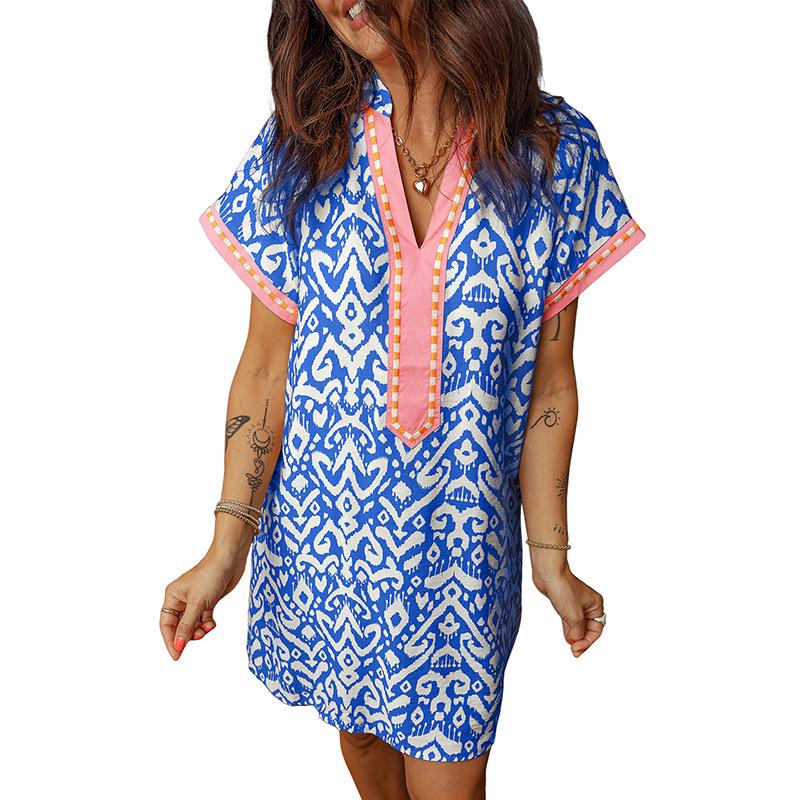 Women s Ethnic Style V-Neck Summer Dress - European & American Print, Loose Fit, Short Skirt Small
