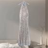 Shiny Sequin Backless Maxi Dress Women Sexy Halter Backless Lace Up Hip Package Mermaid Dresses 2025 Summer Beach Vacation Robes