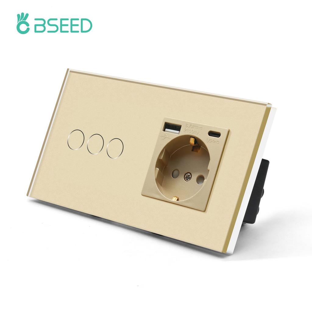 BSEED EU Standard 1/2/3Gang Touch Switches 1way Light Sensor Switch With USB Sockets Wall Sockets Type-C Ports Glass Panel